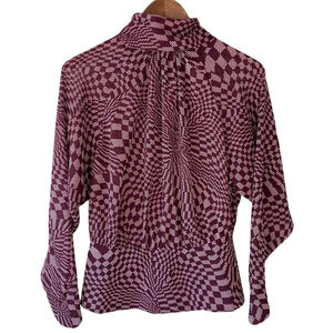 Topshop Burgundy Geometric Semi Sheer Mock Neck Blouse Shirt Long Sleeve Size 4